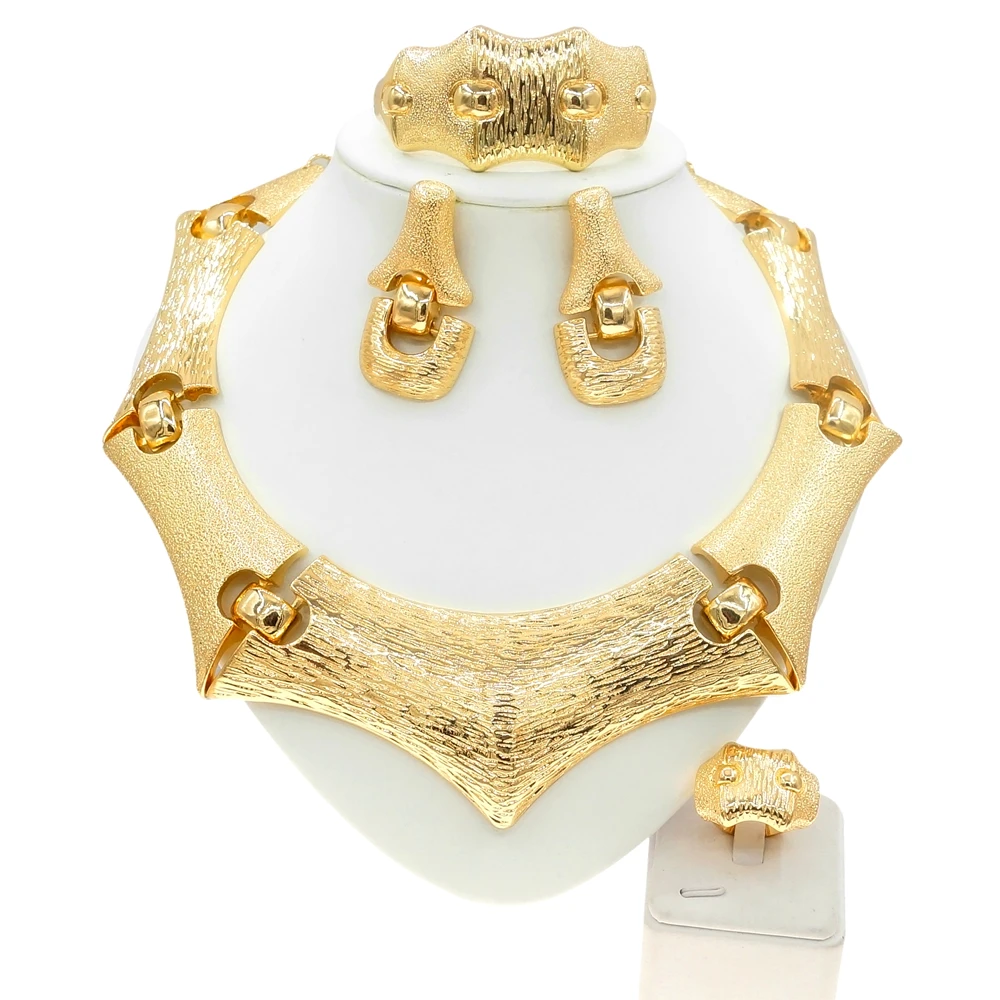 Exaggerated Design Italian Gold Plated Jewelry Set Women Bold Necklace Luxurious Frosted Crafts Bracelet Wedding Party Jewelry