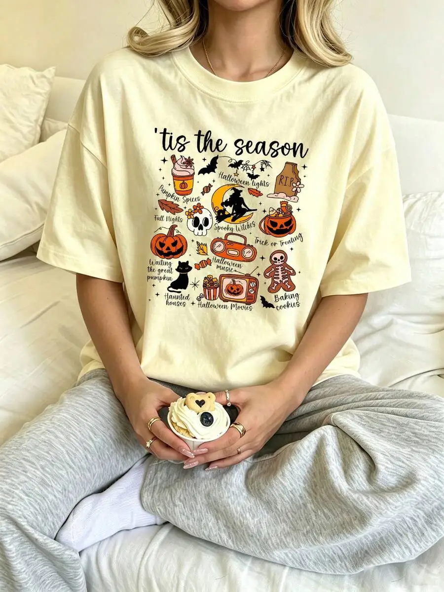 Women's Tis The Season Pumpkin Spice Latte Skulls Print Autumn Halloween Casual Fall Short Sleeve Crew Neck Graphic T‑Shirt Tee Top