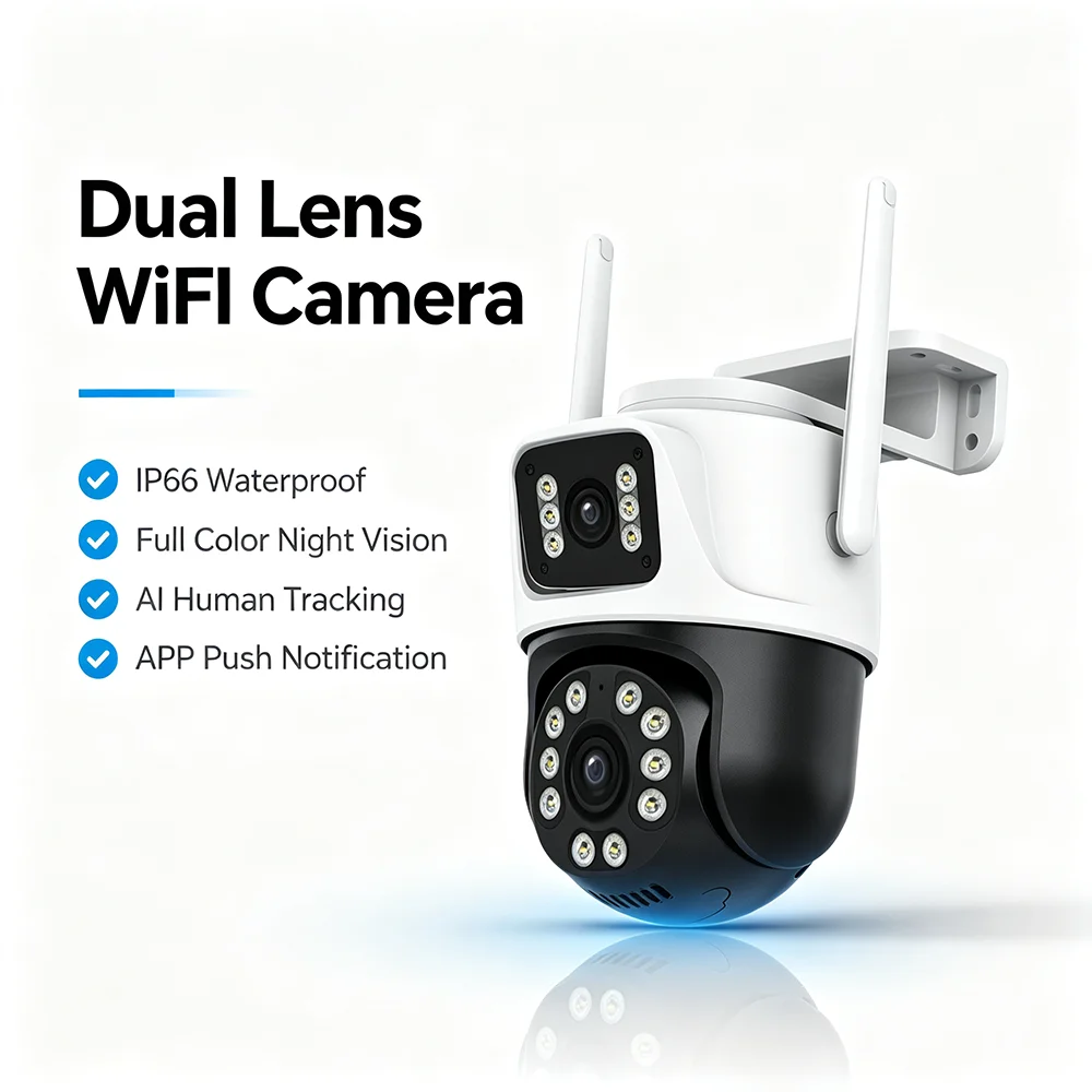 Outdoor Dual Lens WiFi Security Camera 360° PTZ Wireless Camera IP66 Waterproof Color Night Vision AI Human Tracking 2-Way Audio