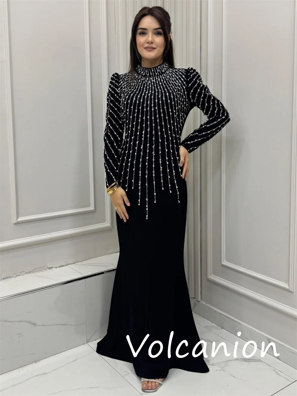 Customized Exquisite Fashion Jersey Sequined Pleat Trumpet High Collar Long Dresses Bespoke Occasion Classic