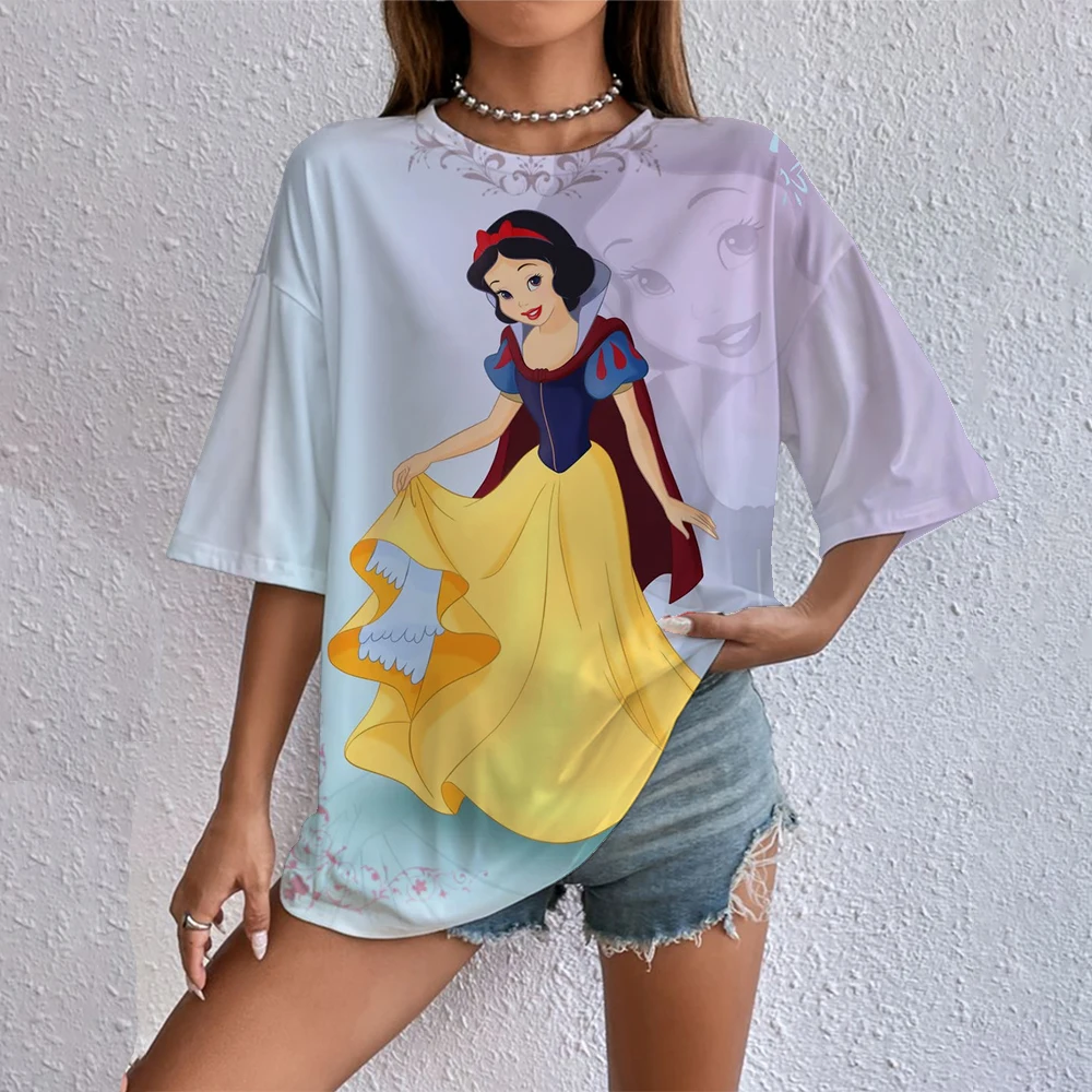 

2025 Cartoon Printed Women's T-shirt Disney Princess Printed Summer Short sleeved T-shirt Harajuku Casual Round Neck Top