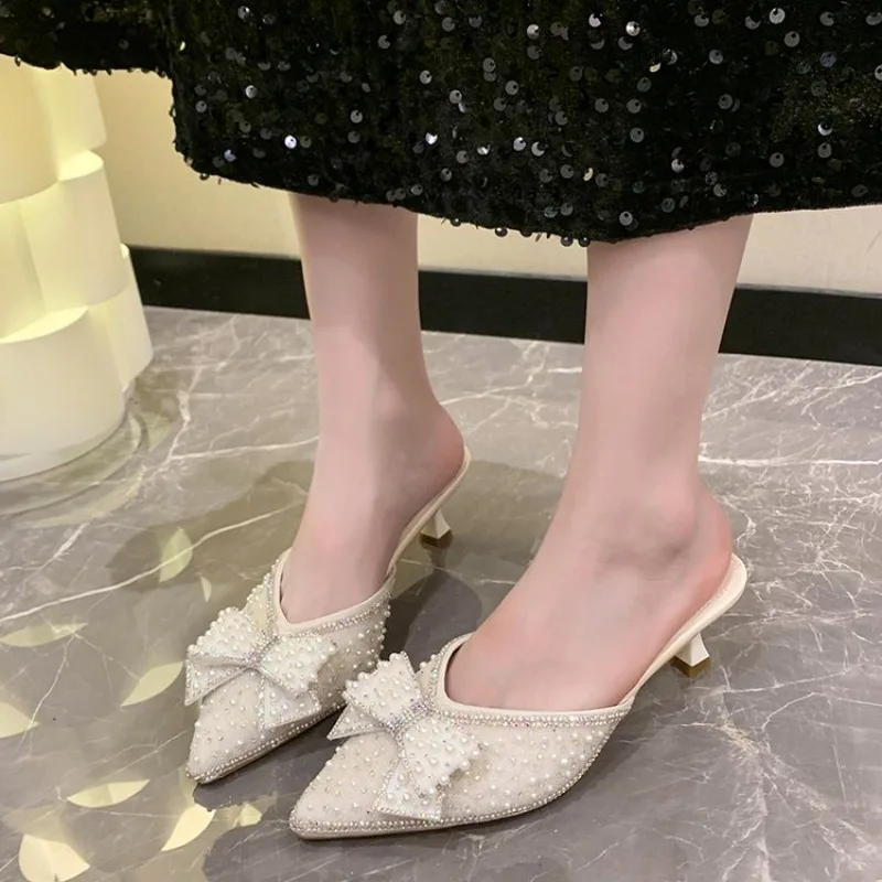 

Women's Summer Mule Sandals 2026 New Thin Heels Slippers Water Diamond Lazy Man Baotou