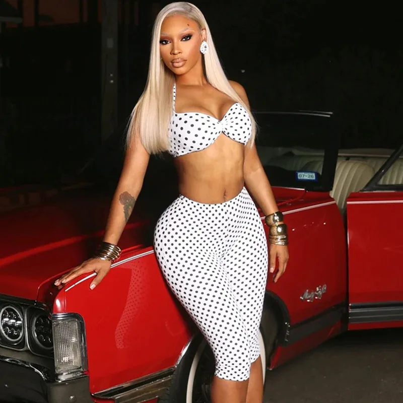 

Doyerl Polka Dot 2 Piece Set Woman Clothing Rave Club Party Birthday Outfits Halter Crop Top and Knee Length Pants Matching Sets