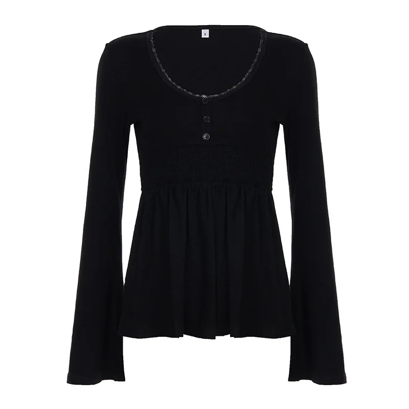 Women Knitting Sweater 2025 New French Chic Blouse Lace Paneled Low Neck Bell Sleeve Waist Cinching A Line Top image 6