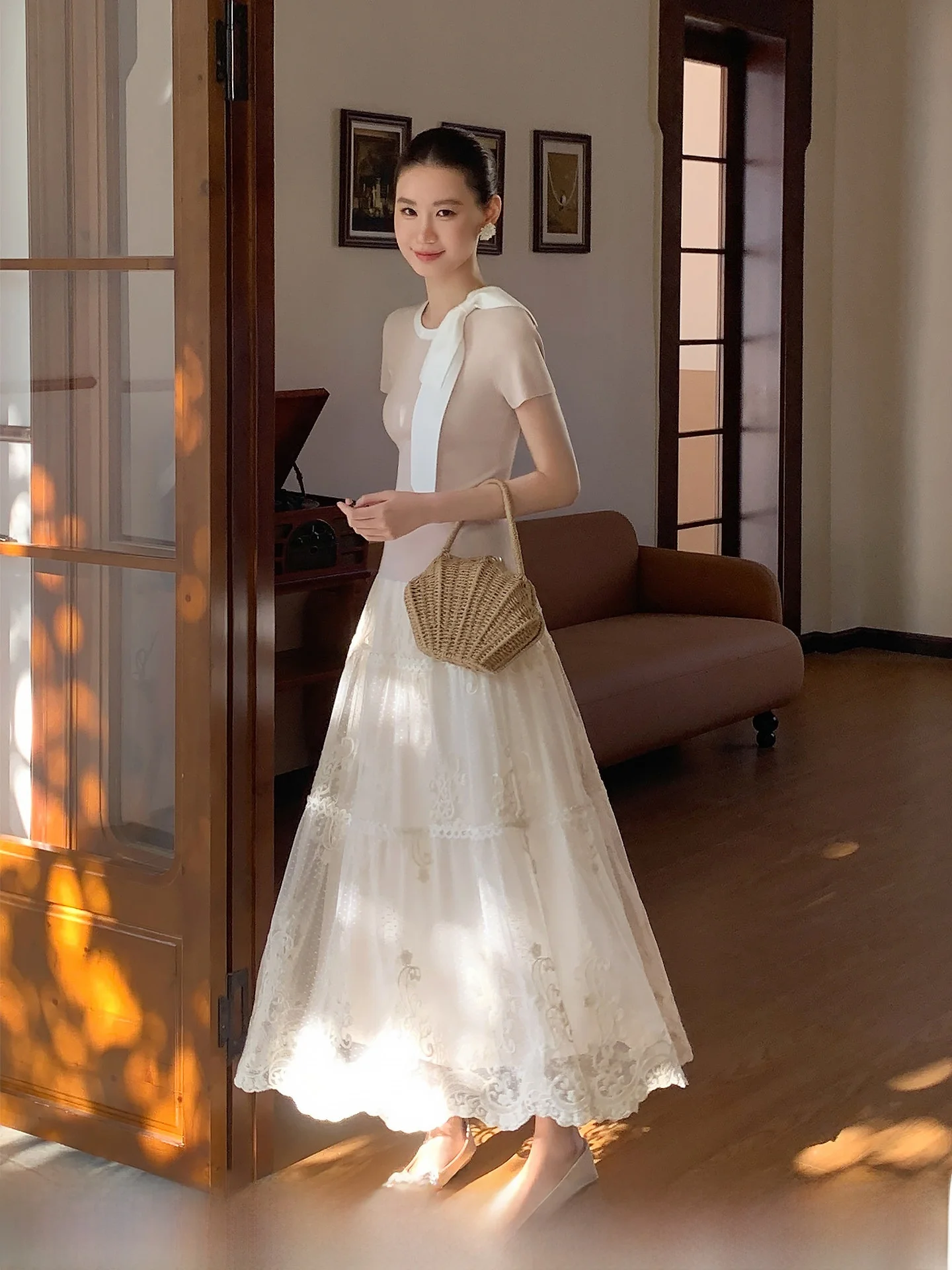 

Многослойная юбка из фатина XXNING с вышивкой, поясом и разрезами, с завышенной талией, А-силуэт, миди, для женщин, из полиэфирного волокна