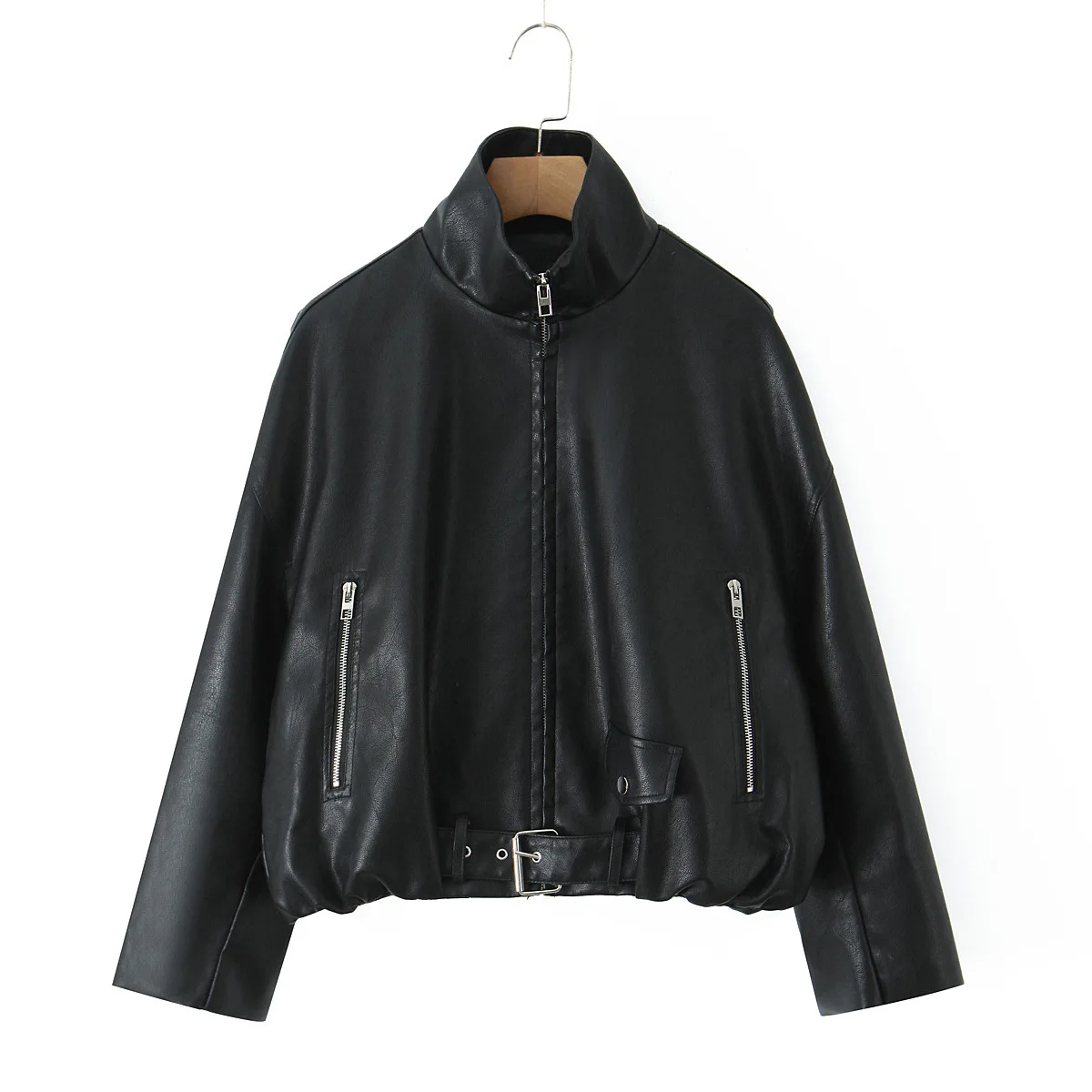 Abrigo de cuero PU para mujer, diseño con cremallera, estilo primavera y otoño, nueva chaqueta de cuero negra corta clásica americana para motocicleta con cinturón