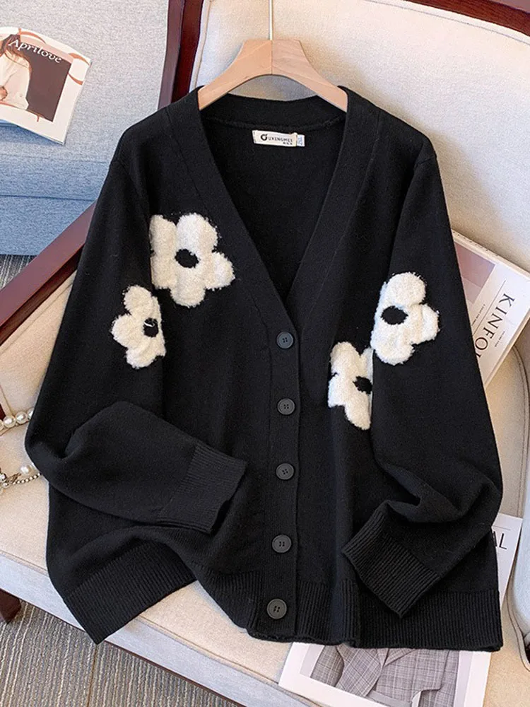 150Kg Plus Size Women\'s Bust 150 Autumn Winter Loose Contrasting Black And White Floral V-Neck Knit Cardigan 5XL 6XL 7XL 8XL 9XL