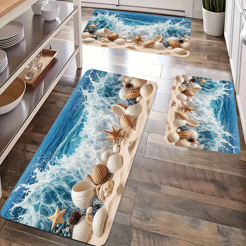 Küchenmatte mit Ozeanmotiv, Strand, Sand, Muscheln, Seestern-Druck, Heimdekoration, Teppich, rutschfester, weicher Teppich für Esszimmer, Wohnzimmer