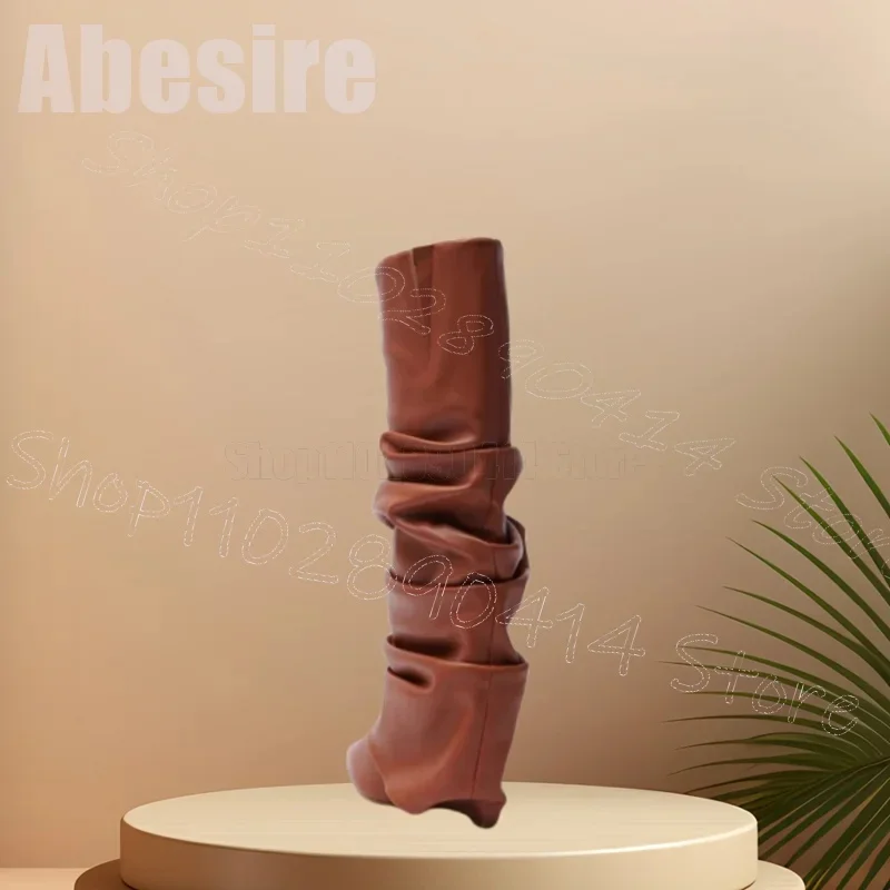 Brązowe Botki na Koturnie z Plisowanym Wzorem Wsuwane Damskie Buty Szpiczasty Nosek Nowa Moda Impreza Bankiet Randka 2025 Zapatos Para Mujere