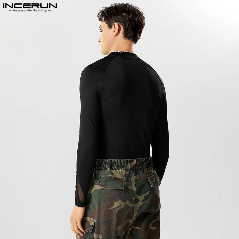 INCERUN 2024 American Style New Men Fashion Sexy Homewear Bodysuits Casual High Neck Patchwork Mesh Long Sleeved Jumpsuits S-5XL