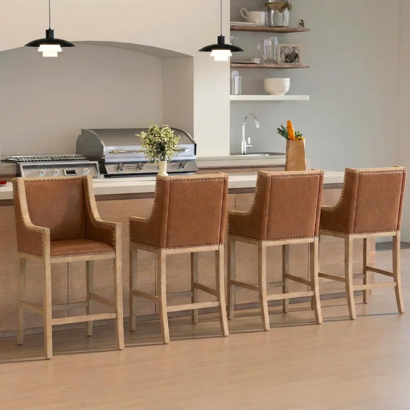 

2026 New：26.5 Counter Height Bar Stools Set of 4, Upholstered Wood Barstool with Armrests, Farmhouse Bar Chairs Kitchen/Isl