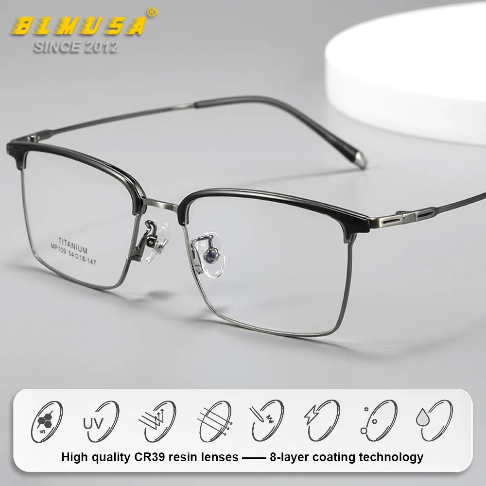 BLMUSA (L) Men Simple Business Square Myopia Photochromic Prescription Glasses Pure Titanium Anti Blue Ray Progressive Eyeware