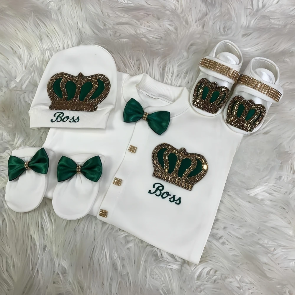 Dollbling Emerald Newborn Baby Boy Personalized Name Outfits 4pcs Origin Turkey Welcome Home Hospital Crown Jewelry Romper Set