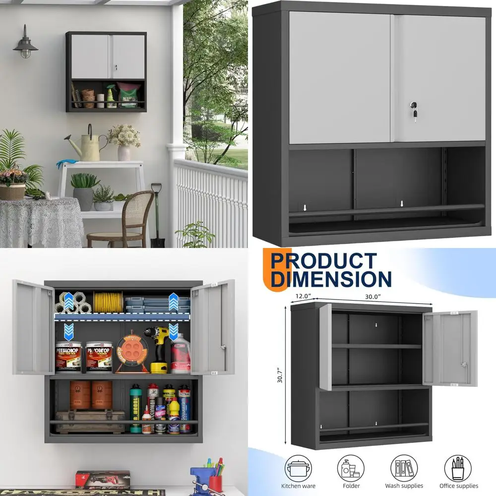 

Серый настенный гаражный шкаф с замком и регулируемыми полками для верхнего хранения