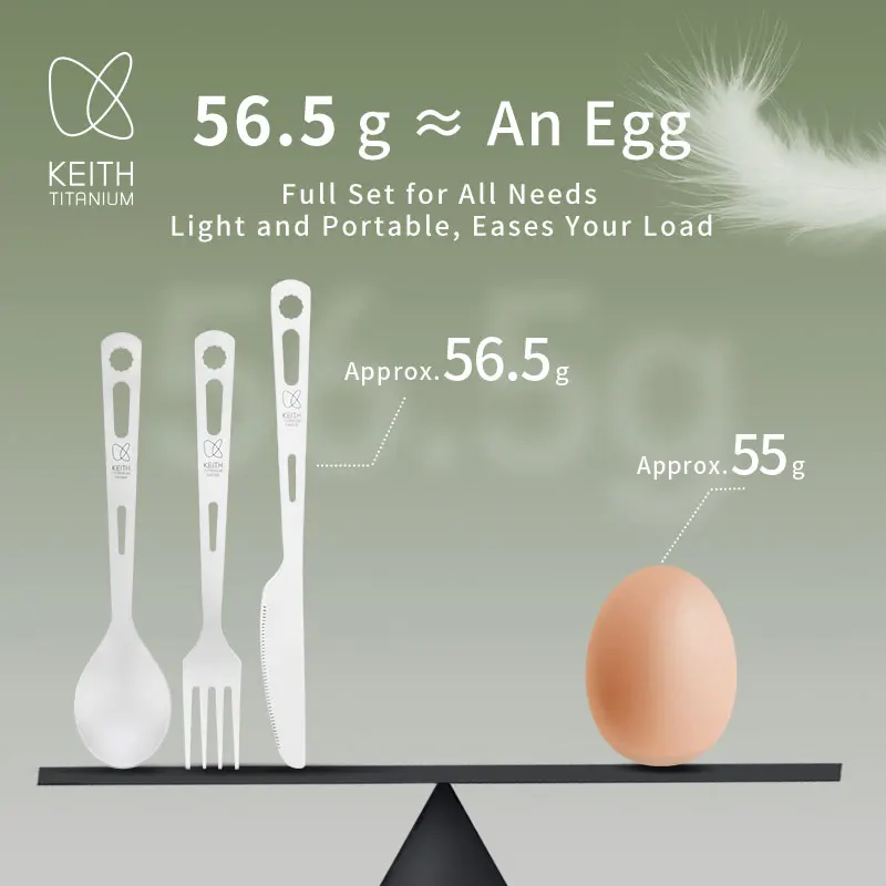Keith Ti5312 مجموعة أدوات المائدة المصنوعة من التيتانيوم النقي أدوات المائدة المحمولة للتخييم في الهواء الطلق والاستخدام المنزلي سكين، شوكة، ملعقة،