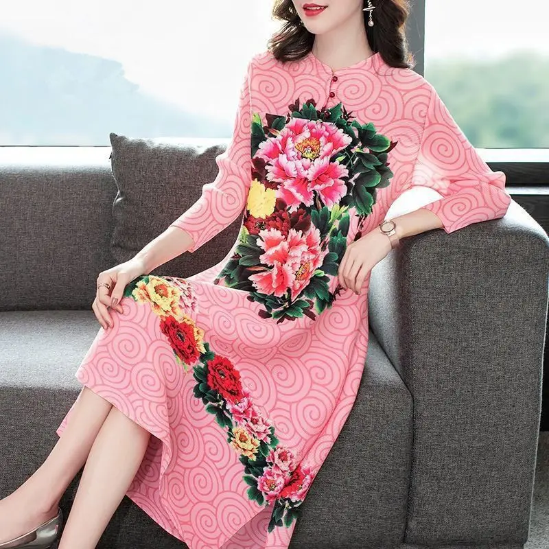 

Folded dress women's 2025 spring new fashion retro Chinese style printing loose large size thin pleated skirt