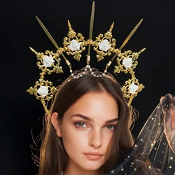 Mary Baroque Tiara Gothic Lolita Black Rose Devil Feather Wings Gorgeous Vintage Headwear Goddess Sun Halo Headband