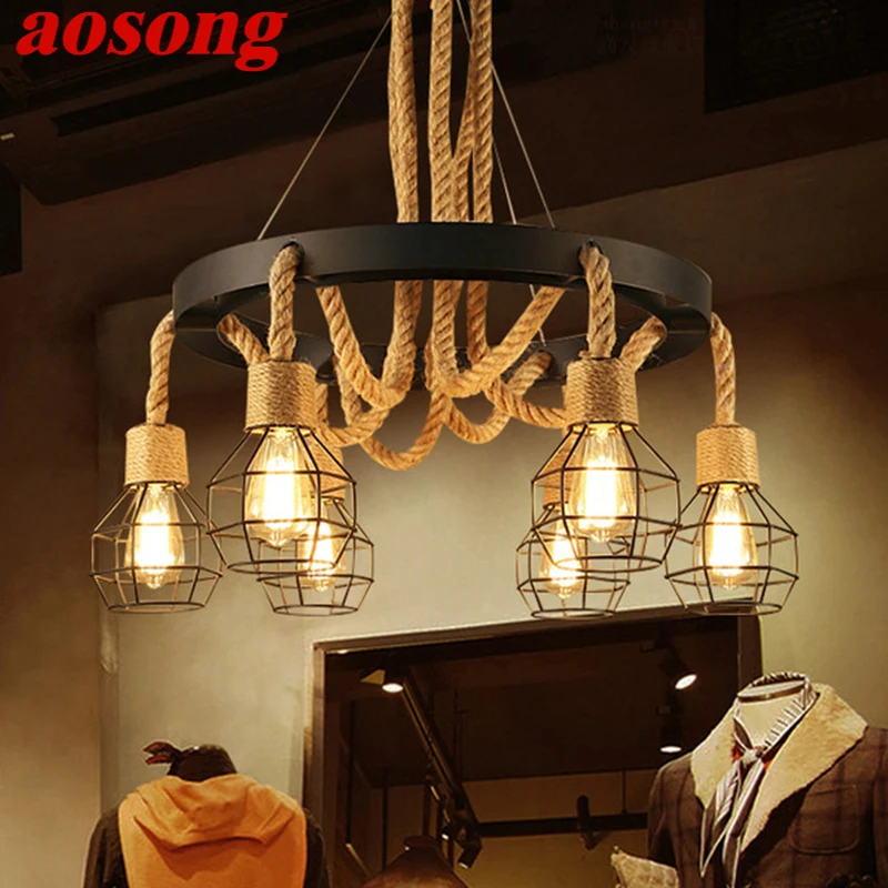 

AOSONG American Style Retrohemp Rope Chandelier Nostalgic Loft Industrial Style Internet Cafe Restaurant Hot Pot Shop Pendant