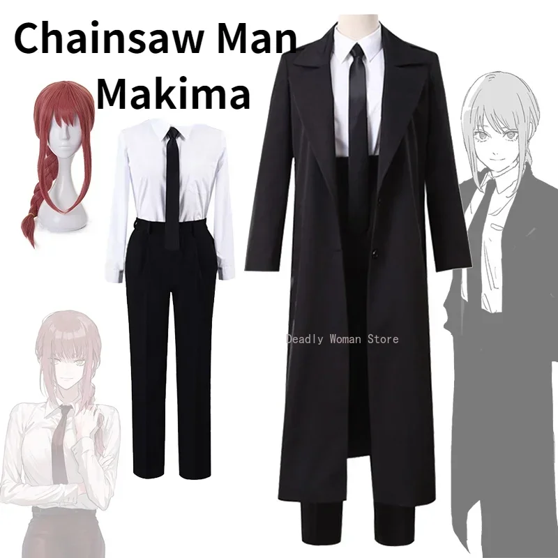 Anime Kettensäge Mann Makila Cosplay Kostüm schwarz Trench Shirt Krawatte Hosen Makila Perücke lange hellrote Geflecht Männer Frauen Anzug Uniform