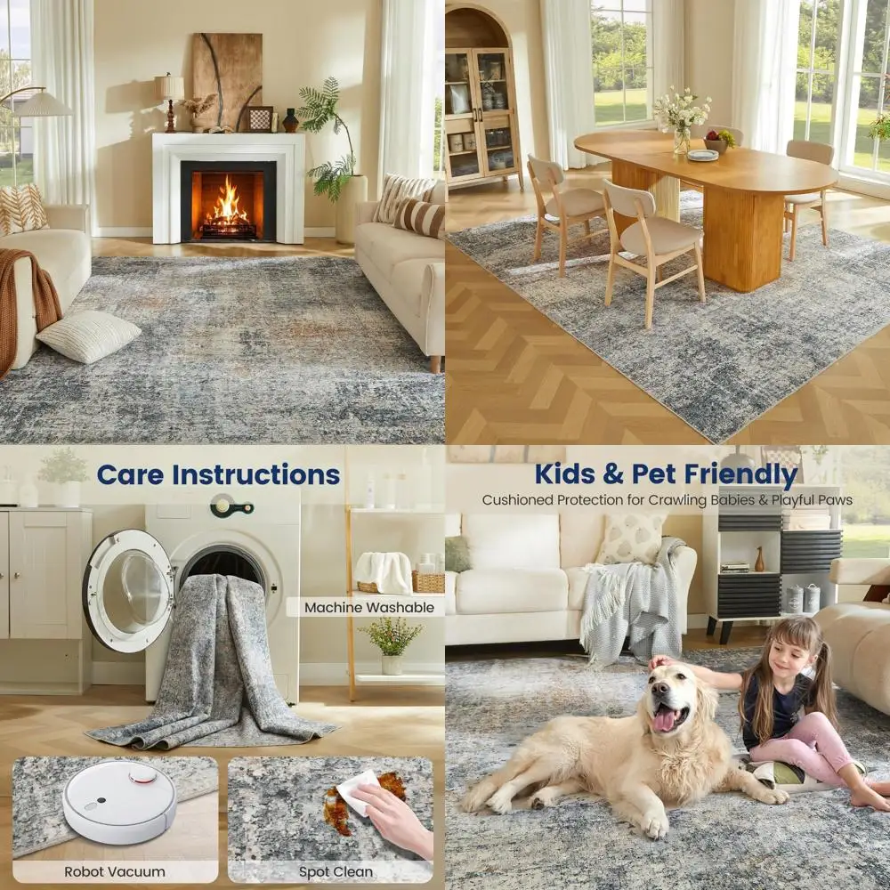 

Modern Abstract Vintage-Style Washable Area Rug, 8x10, with Non-Slip Backing, Stain Resistant and Non-Shedding for Living Spaces