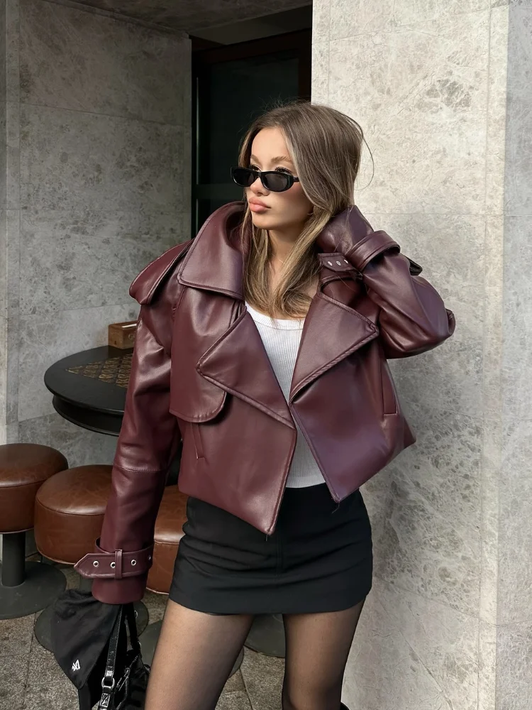 Vintage Solid Color Lapel Women's Pu Leather Jacket Loose Pockets Long Sleeve Coats Autumn Ladies Chic Office Street Outerwear