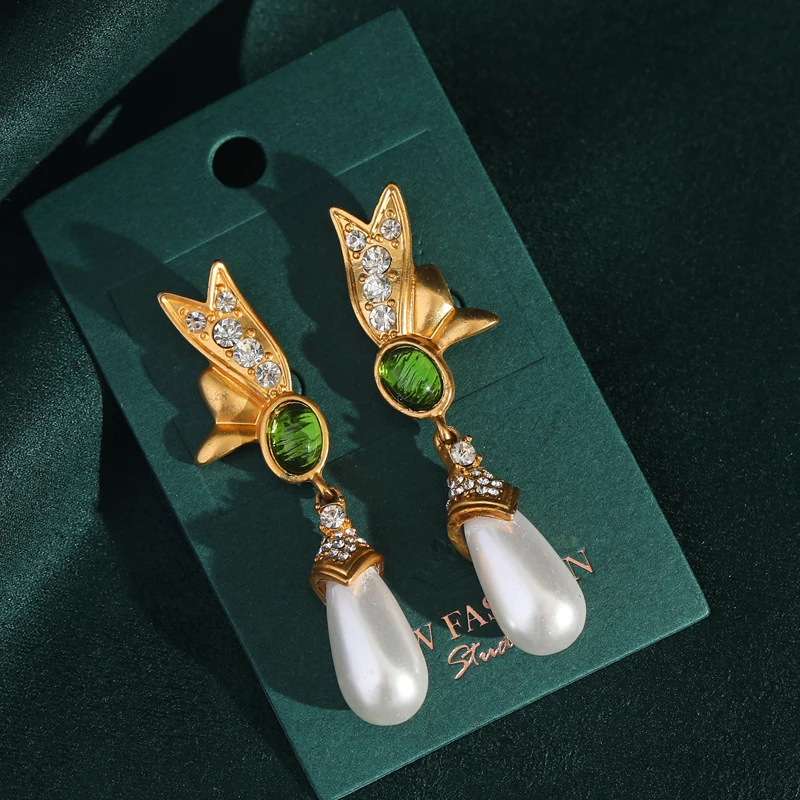 Vintage Gold Color Butterfly Long Water Drop Pearl Pendant Earrings Antique Jewelry Olive Green Crystal for Woman Luxury 2024