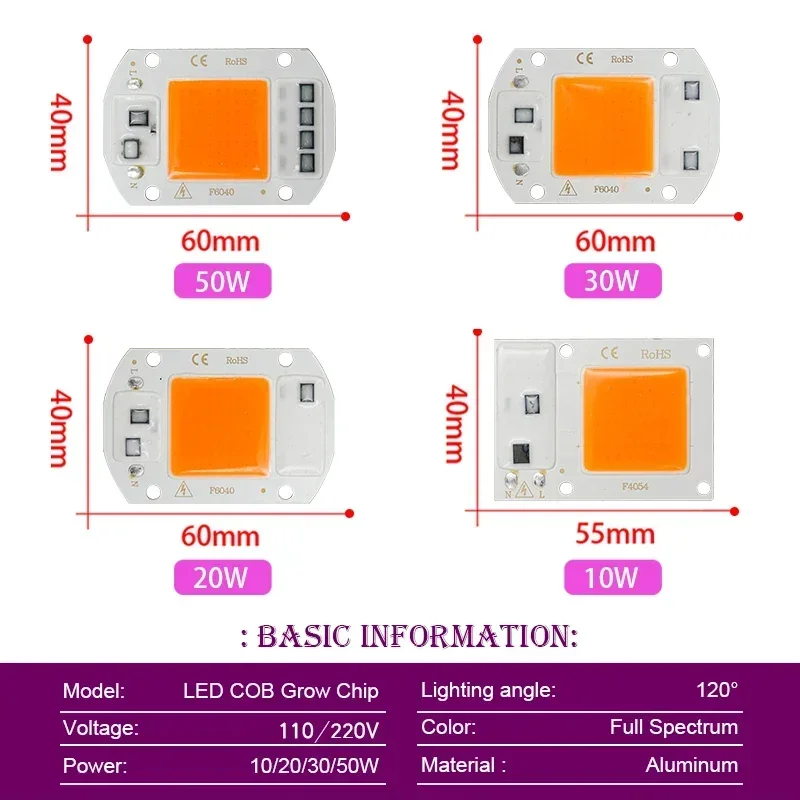 LED Büyümek Işık Tam Spektrum COB Led Çip AC 110V 220V 10W 20W 30W 50W Kapalı Bitki Fide Büyümek Lambalar için Phyto Lamba