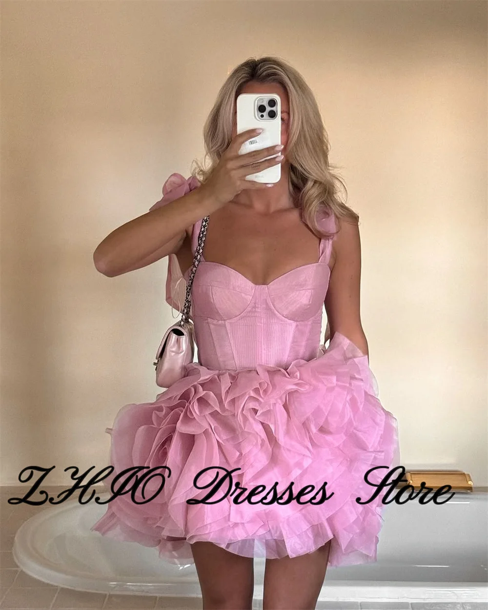 ZHIO الوردي فساتين حفلة موسيقية جميلة رومانسية الحبيب فستان الحفلات القوس - الكتف تكدرت تنورة صغيرة ثوب مسائي مخصص