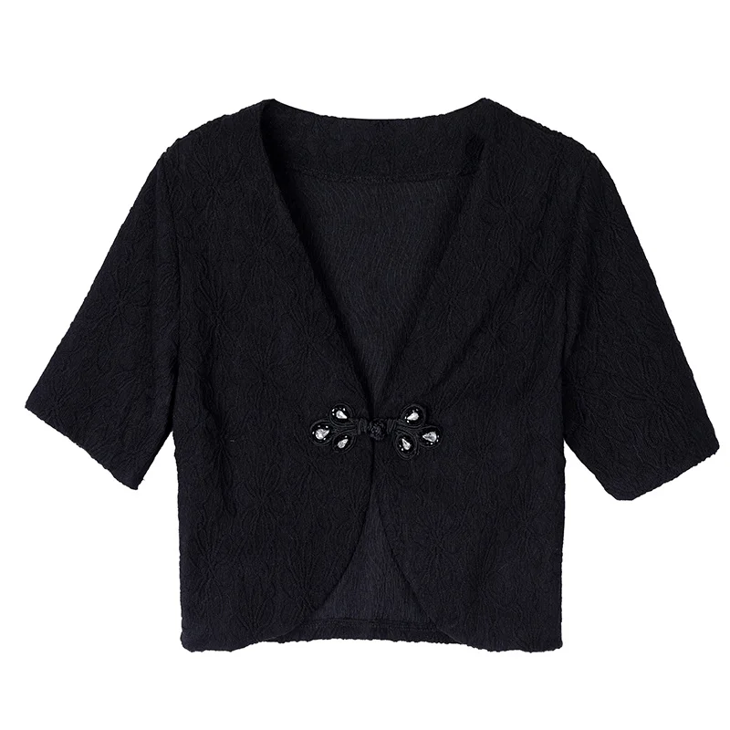 Summer Short Sleeve V-Neck Black White Women Jacket Chinese Style Jacket Coat Women Blusas Mujer De Mode 2024 Verano Blusa H616