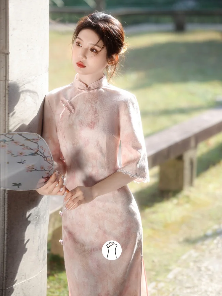 

Нежная девушка, розовый, молодой, красивый, с застежкой на талии, Dr, ретро Sle, длинный Ципао, с наклонным воротником, дышащая ткань