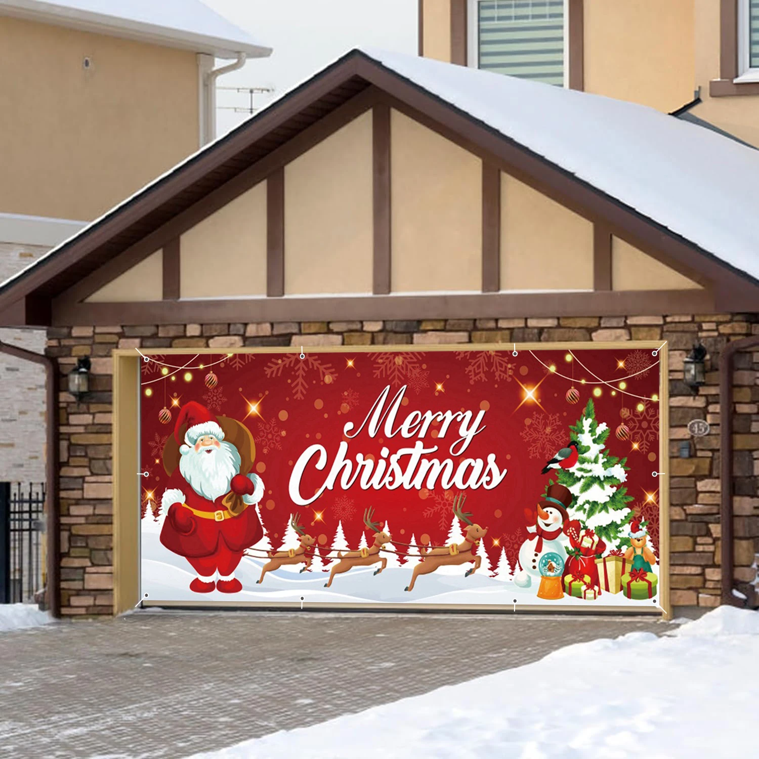 

Red Merry Christmas Garage Wall Background Banner Winter Snowman Santa Claus Xmas Tree Gifts Decor Garage Door Frame With Hooks