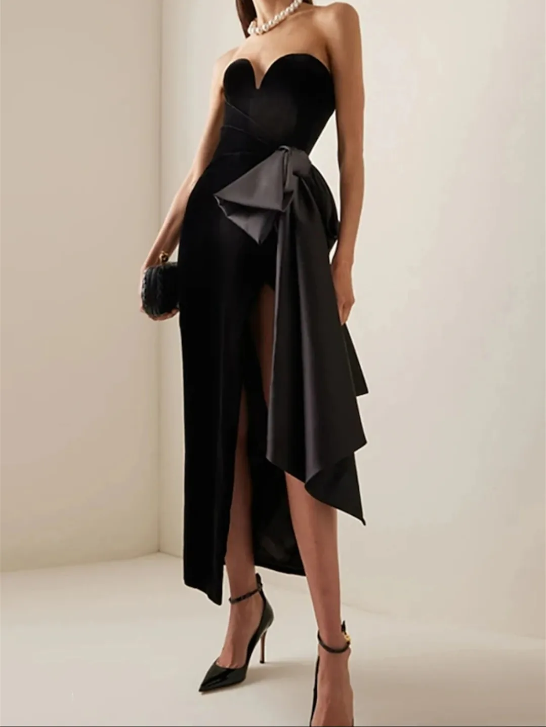 Classic Short Black Velvet Evening Dresses With Bow Sheath Sweetheart Satin Dubai Tea Length Prom Dress for Women