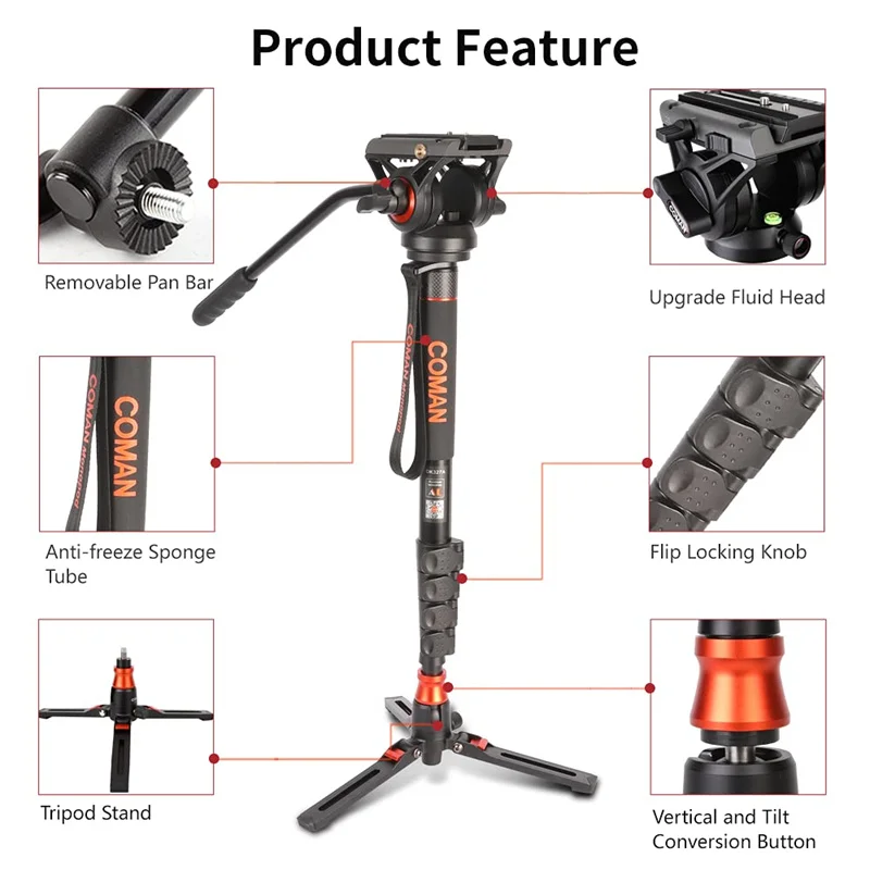 COMAN DK327Q5S Professional Camera Monopod Hydraulic Fluid Head Tripod Stand For Canon Nikon Sony DSLR Camera Video Camcorder