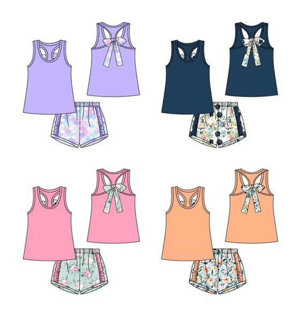 

Boutique milk silk clothes baby girl summer set sleeveless shorts suit bow design floral print shorts new design