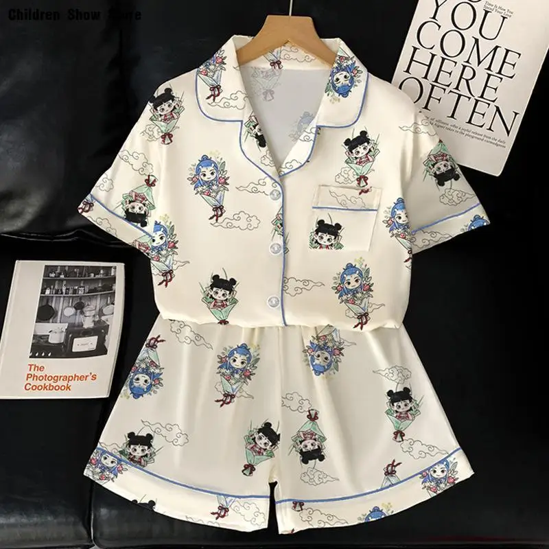 Chinese Film Nezha Aobing Cartoon Print Pajamas Women Short Sleeve Shirt Shorts Sexy Home Clothes Loungewear Female 2Pcs Pjs