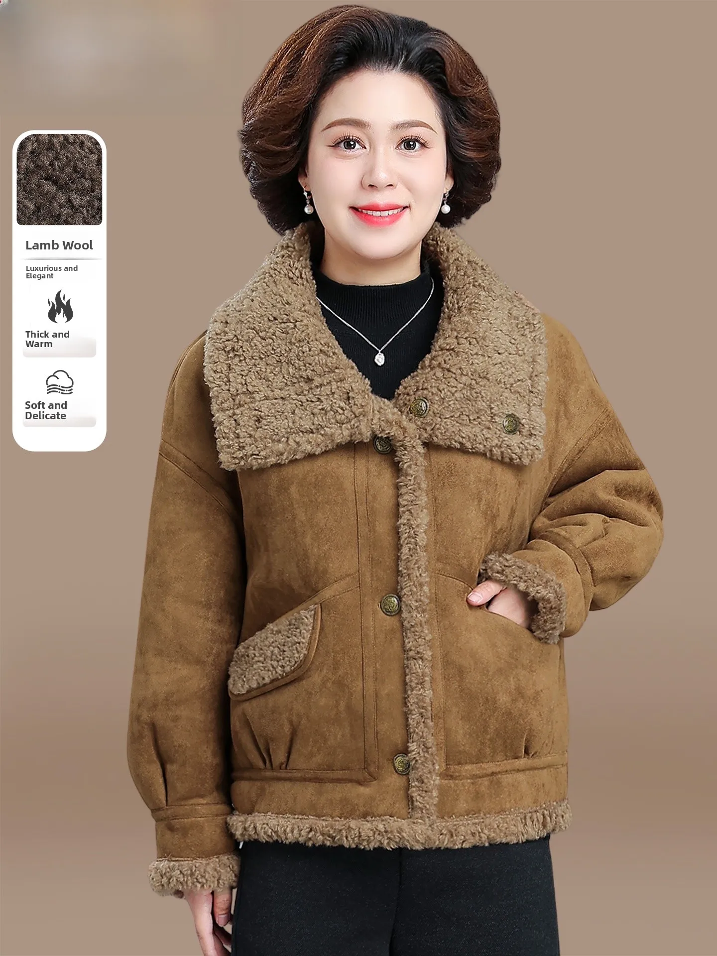 

Thiened Fce Lined Lamb Fur Jaet Women's plus Size Autumn Winter Warm Faion Outerwear Coat for Middle-Aged And ly