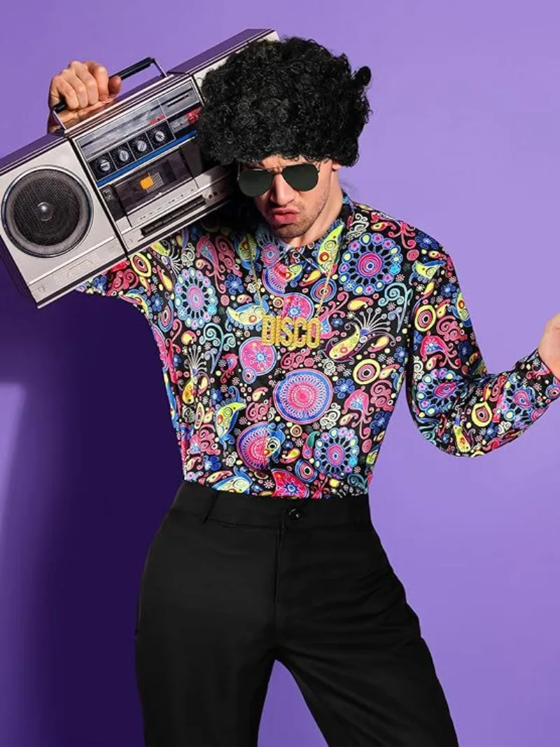 

Men's 1970s disco outfit, retro floral shirt, flared pants, two-piece stage performance costume set