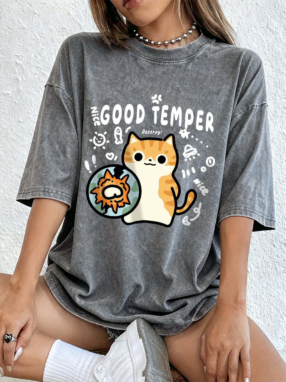 

Хороший темперамент, потертые футболки с принтом «Destroy Cat», женская хлопковая футболка большого размера, летние топы с короткими рукавами, уличная одежда с круглым вырезом