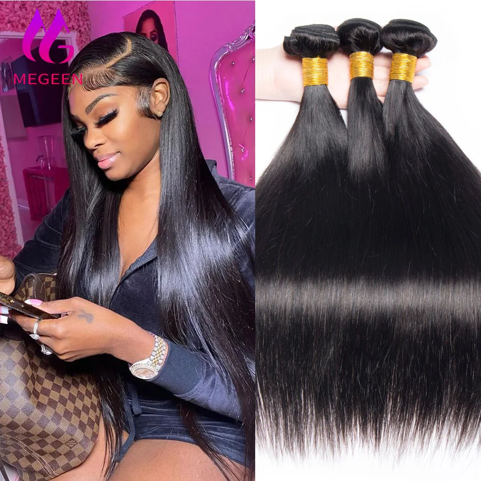 Megeen 30 Inch Remy 100% Human Hair Extensions Bone Straight 1/3/4 Hair Bundles Brazilian Hair Double Weft Weave Hair For Women