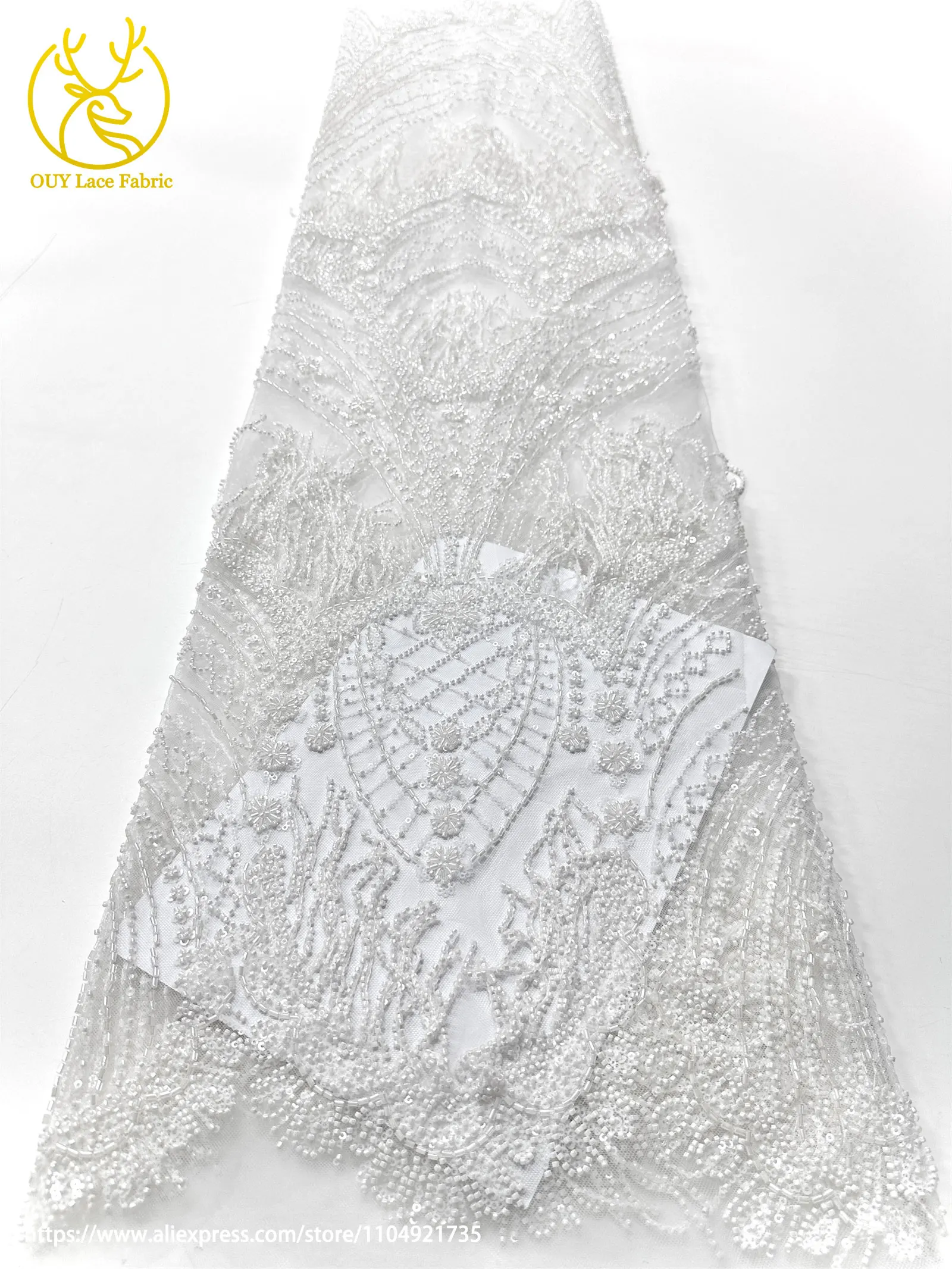 3D Luxuriöser Afrikanischer Handgefertigter Perlen-Spitzenstoff 2026 Französischer Nigerianischer Pailletten-Spitzenstoff für Brautkleider und Hochzeitskleider – Detail 11