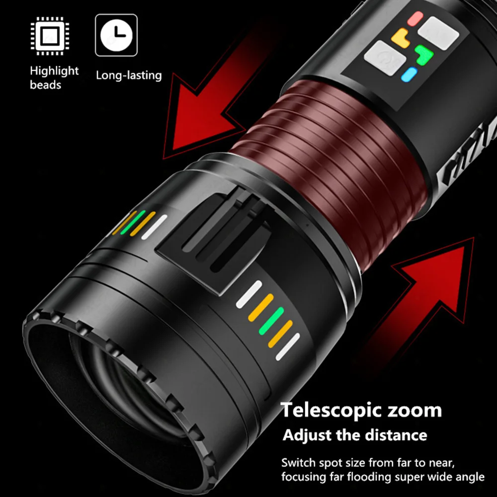 High Power Spotlight Long Range LED Flashlight Charging Zoomable Flashlight With Glow Display Function 1500m For Camping