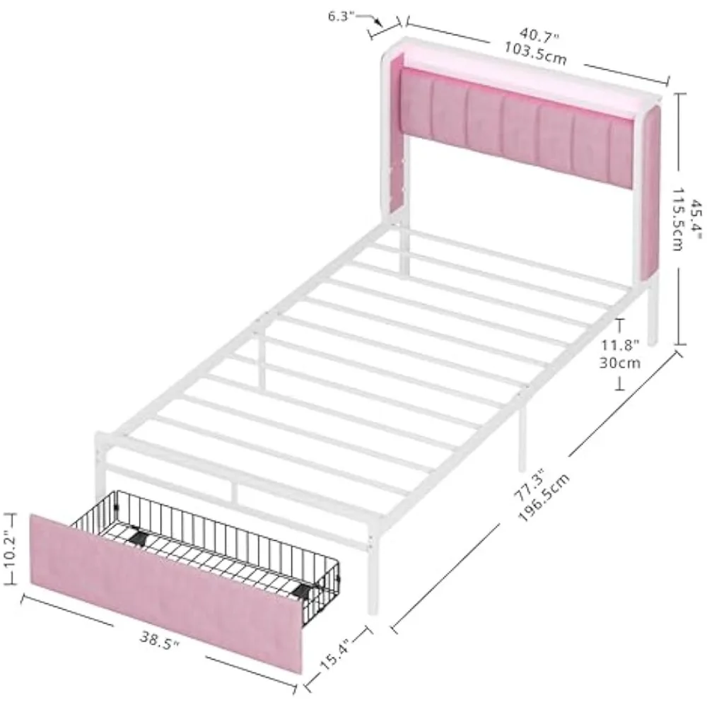 Twin Size Bed Frame with Armrests Headboard & RGB Light, Upholstered Twin Size Bed Platform with Drawers,Modern Pink