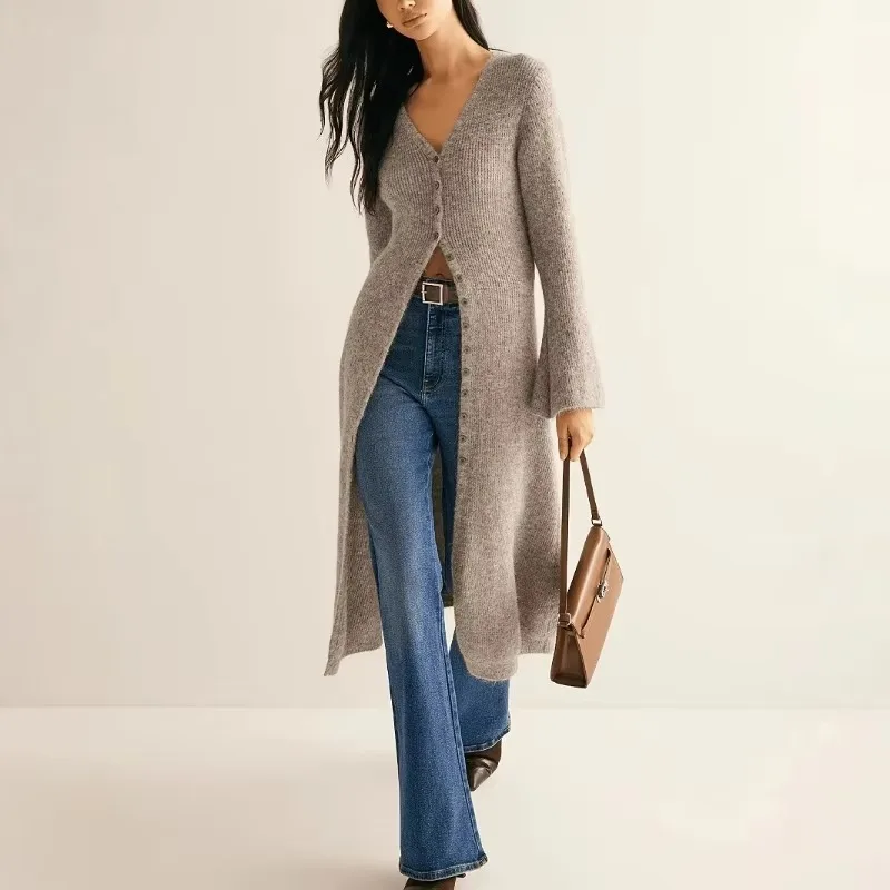 European American French Retro Long Sleeve Cardigan Knitted Sweater Slim Fit Mid Length