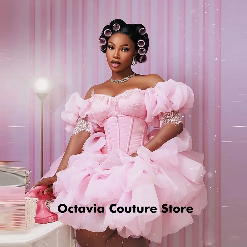 

Princess Cocktail Dresses Off The Shoulder Short Sleeves Tiered Organza Short Birthday Party Dress Corset Back Homecoming Gowns