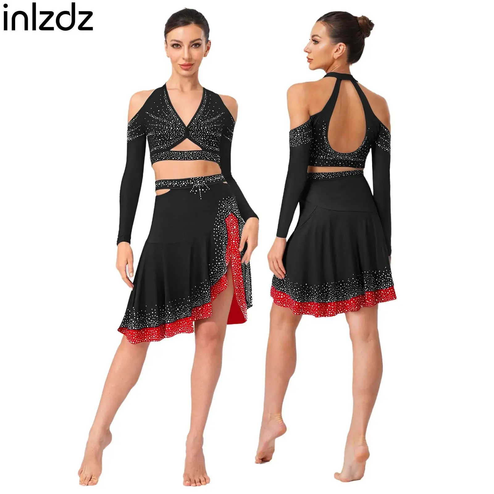 

Womens Jazz Latin Dance Costume Rhinestones Halter Long Sleeve Crop Top+Skirt Suit Adult Figure Skating Performance Costume