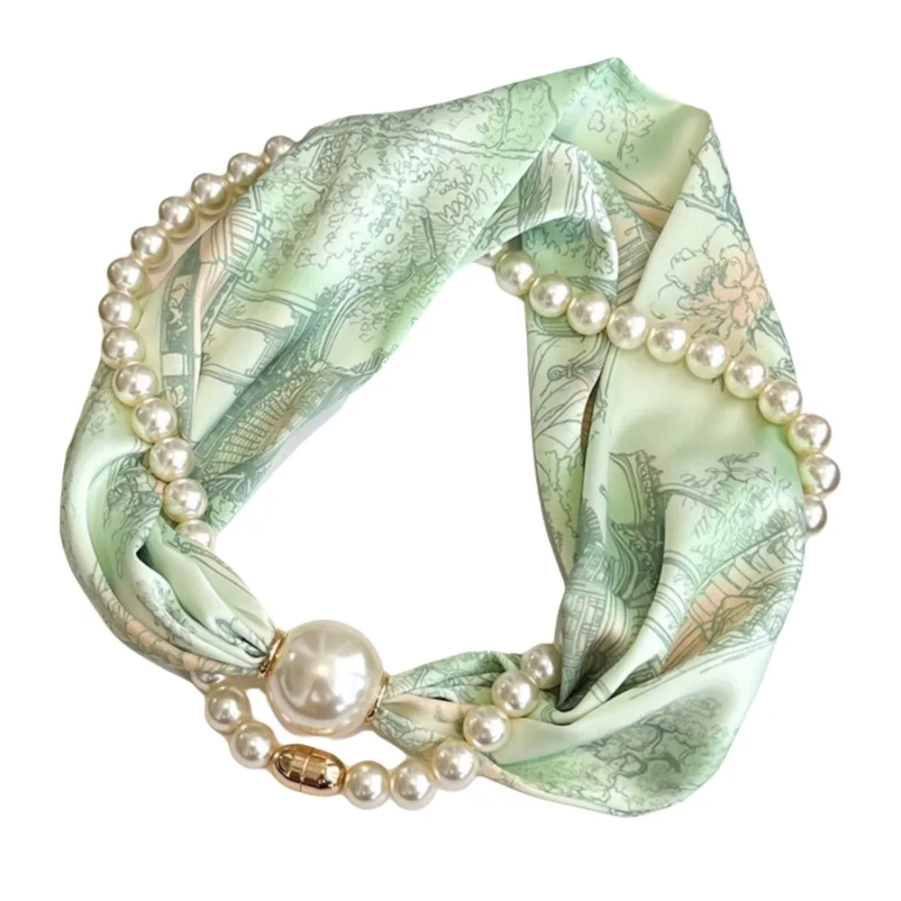 

Silk Material Magnetic Pearl Scarf Long Style Magnetic Buckle Long Thin Shawl Small Pearl Pearl Necklace Scarf Women's Fashion