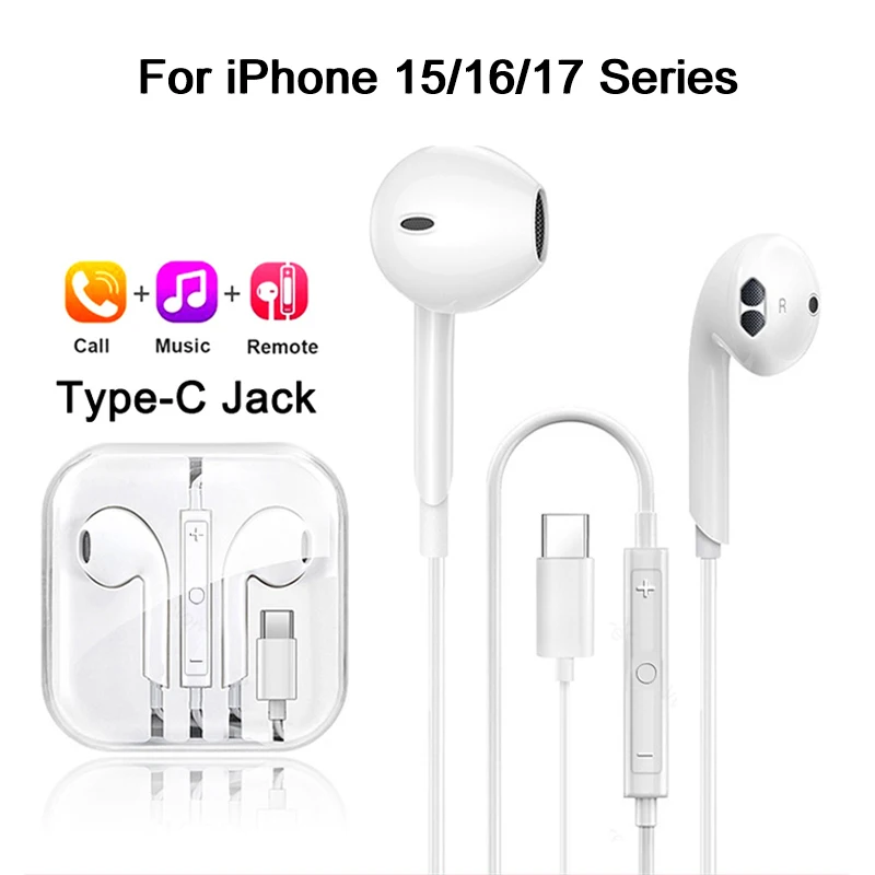 آيفون 17 16 15 برو ماكس نوع C سماعات الكمبيوتر اللوحي أجهزة الكمبيوتر المحمولة سماعات أبل آيفون 14 13 12 11 برو ماكس سماعات أذن سلكية