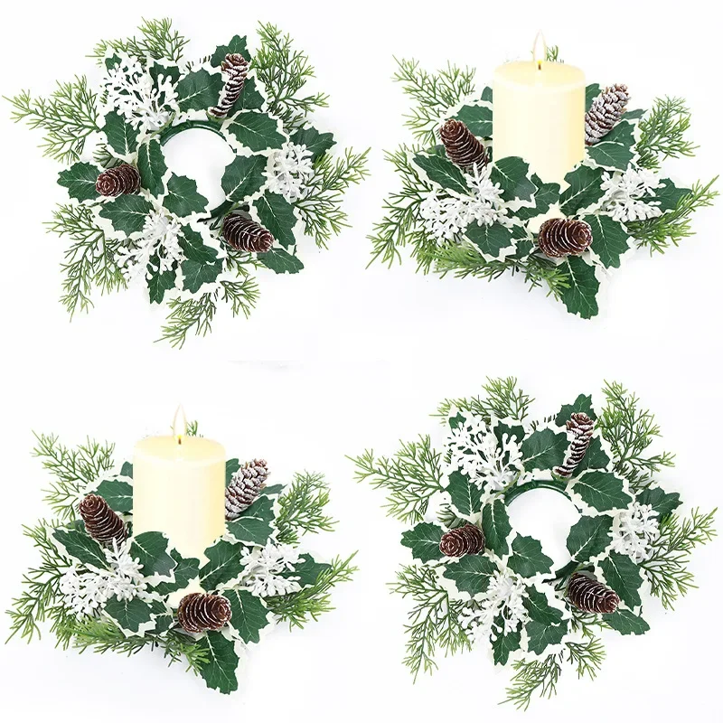 Artificial Flower Candle Wreath Garland Romantic Candle Rings Pinecone Green Leaf Candlestick Wreath Christmas Decor - Image 6