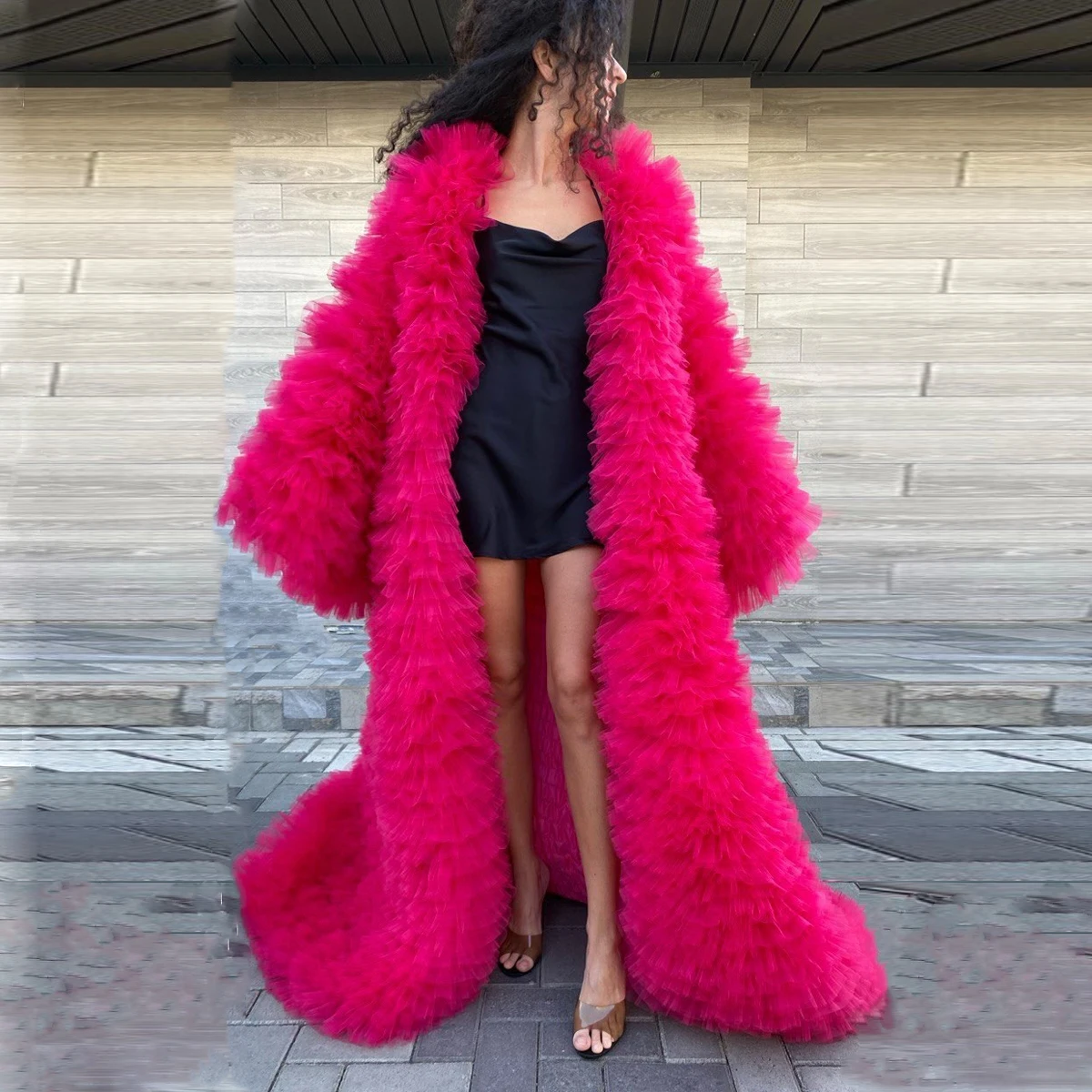 Fuchsia Volume Ruffled Tulle Maternity Robe Photoshoot Dress Extra Puffy Gown Women Long Jackets Bridal Photography Dress Custom