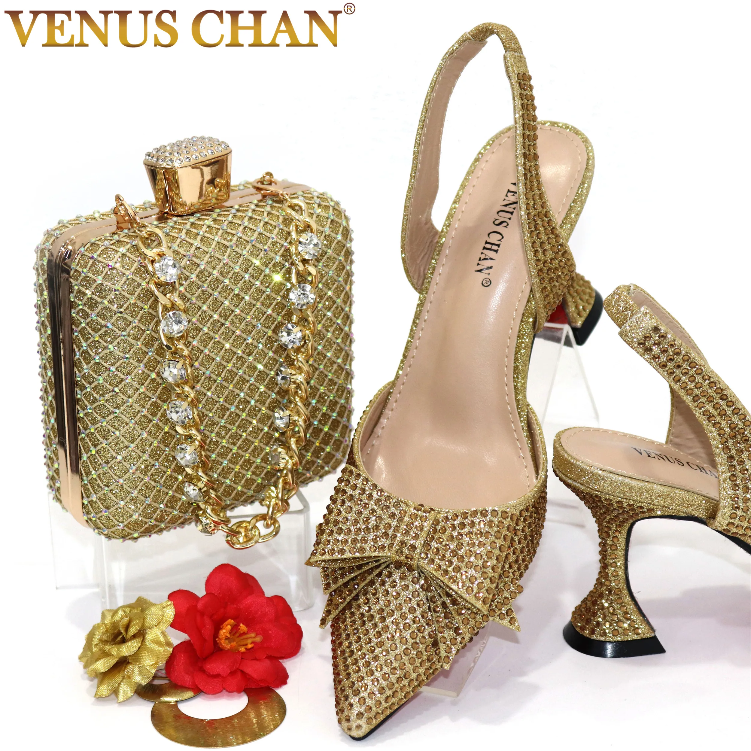 Venus Chan Bridal High Heels for Women 2023 Pointed Toe With Bows Gold Color Rhinestone  Elegant Party Wedding Shoe and Bag Set